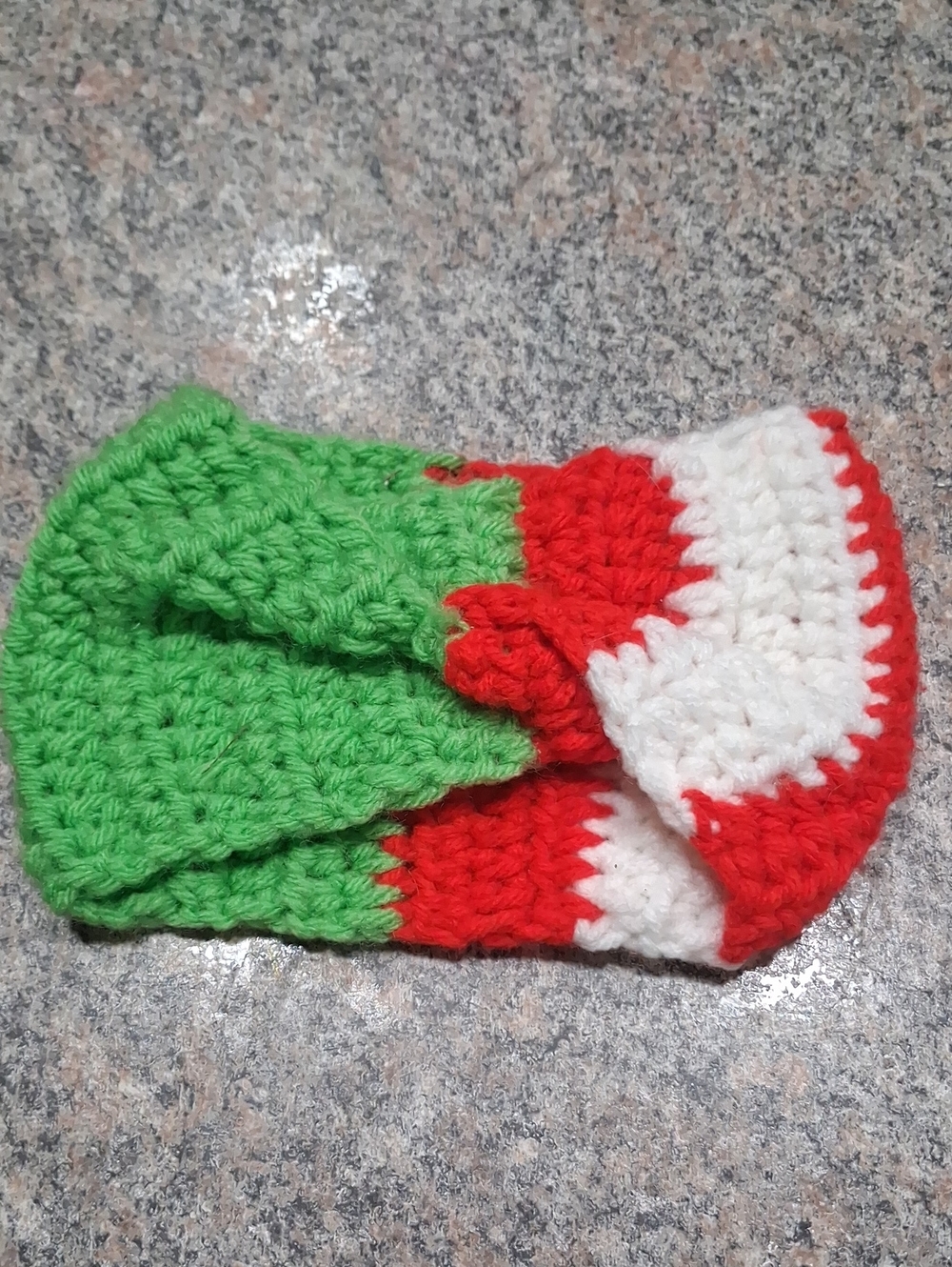 Handmade Crocheted Beanie in Green, Red & White